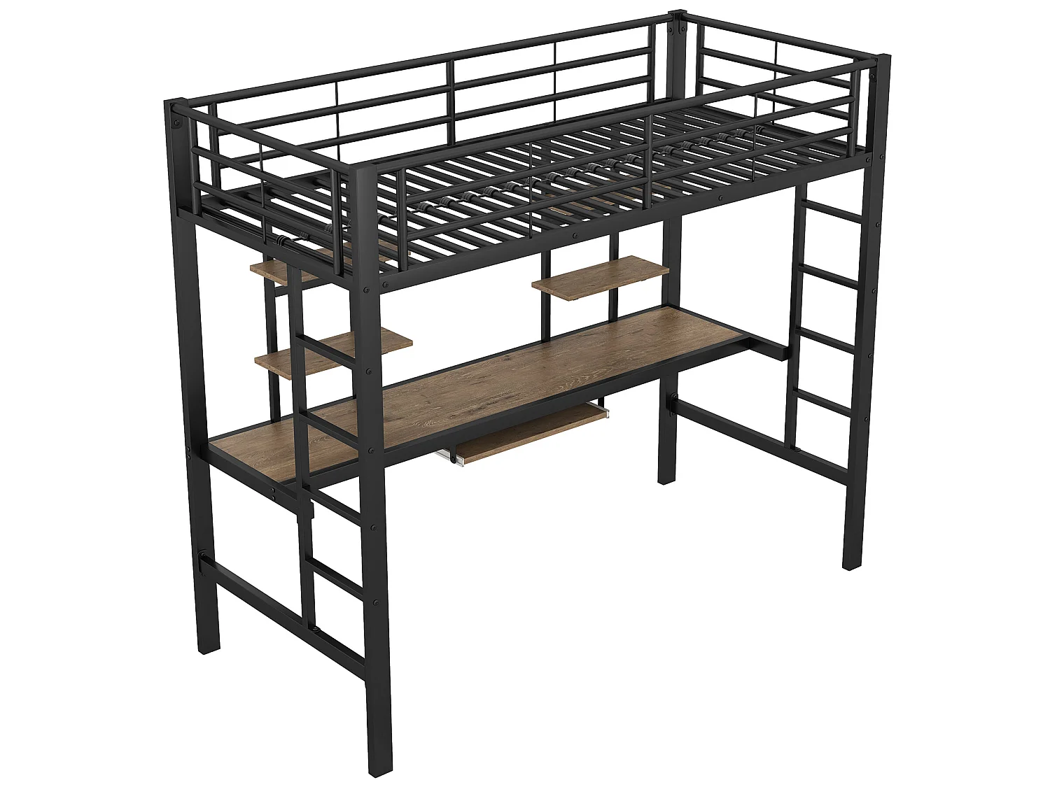 Hoogslaper 90x200cm - met bureau en planken - metalen frame - Zwart