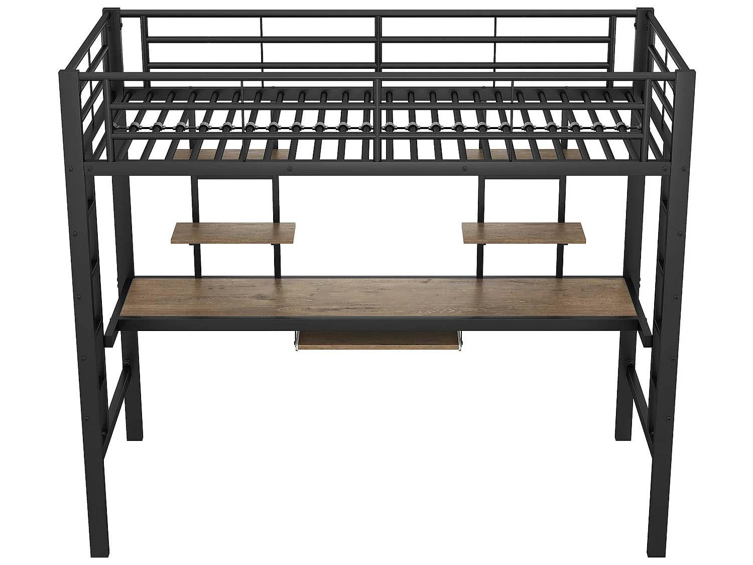Hoogslaper 90x200cm - met bureau en planken - metalen frame - Zwart