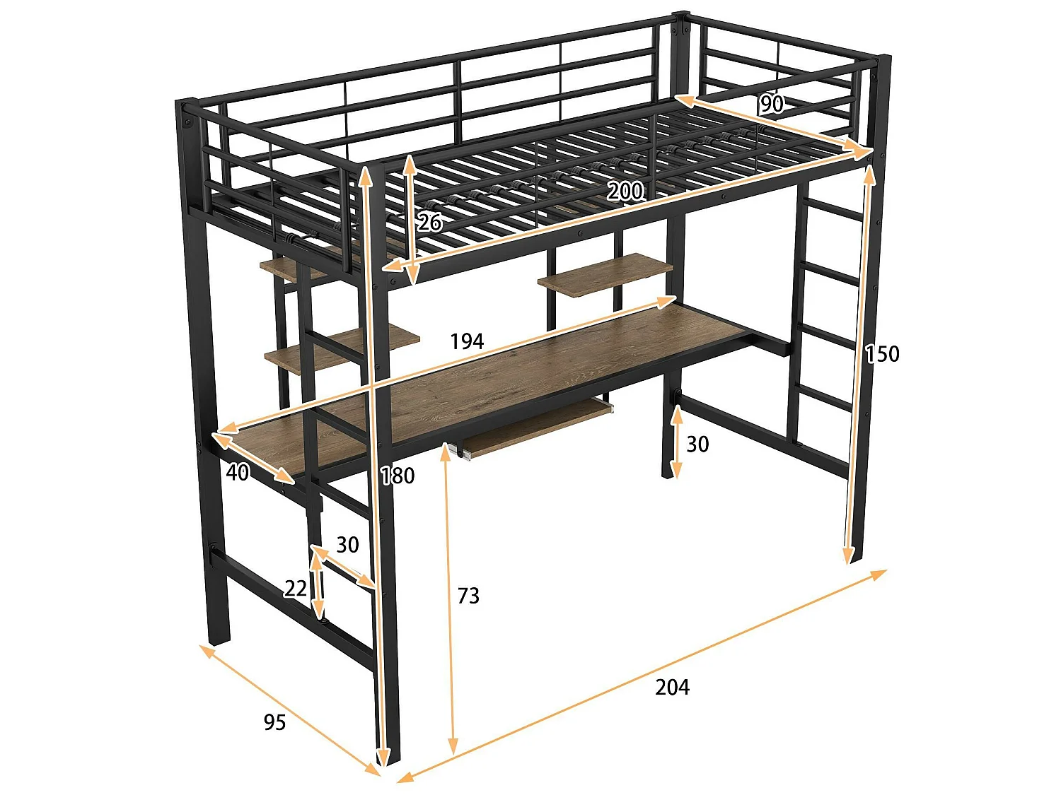 Hoogslaper 90x200cm - met bureau en planken - metalen frame - Zwart