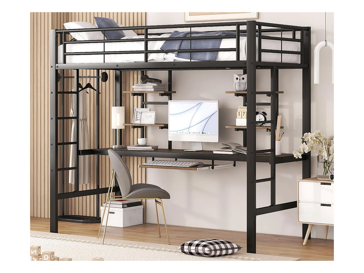 Lit mezzanine 90x200cm - avec bureau et étagères - cadre en métal - Noir