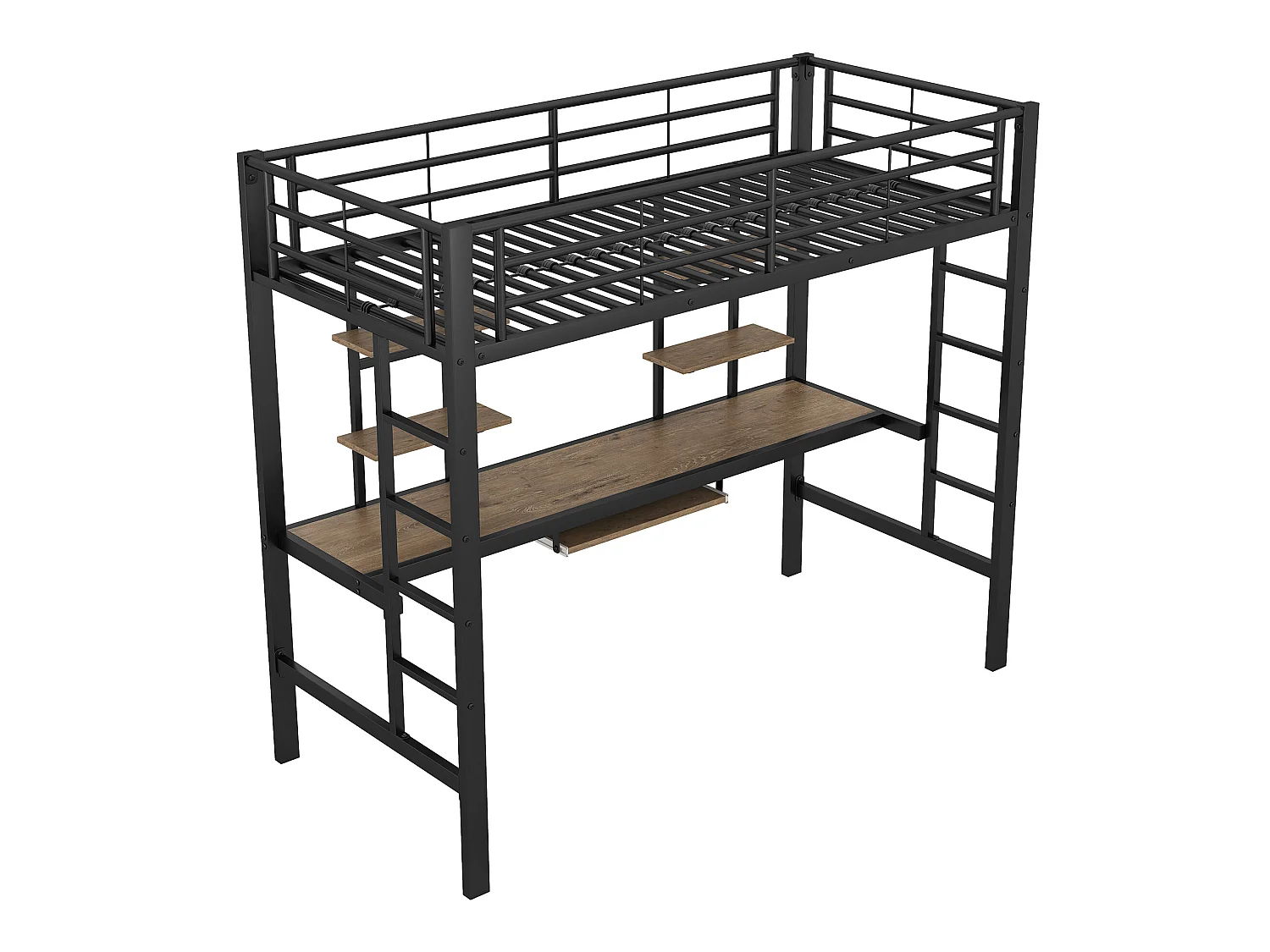 Cama alta 90x200 cm - con escritorio y estantes - estructura de metal - Negro