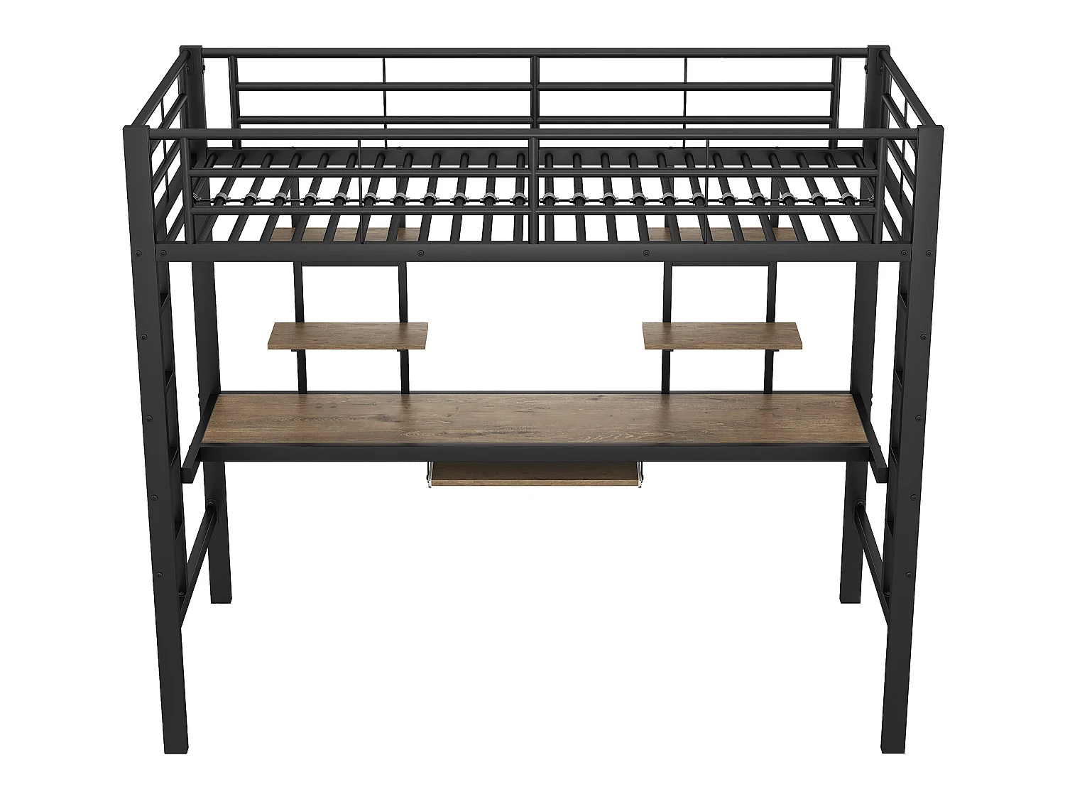 Cama alta 90x200 cm - con escritorio y estantes - estructura de metal - Negro