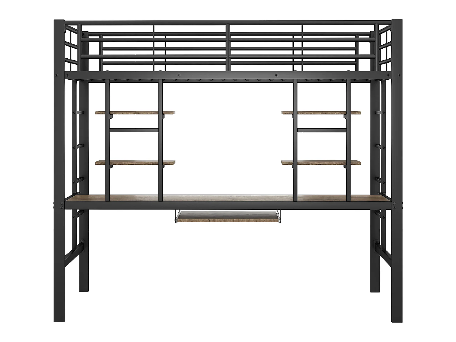 Cama alta 90x200 cm - con escritorio y estantes - estructura de metal - Negro