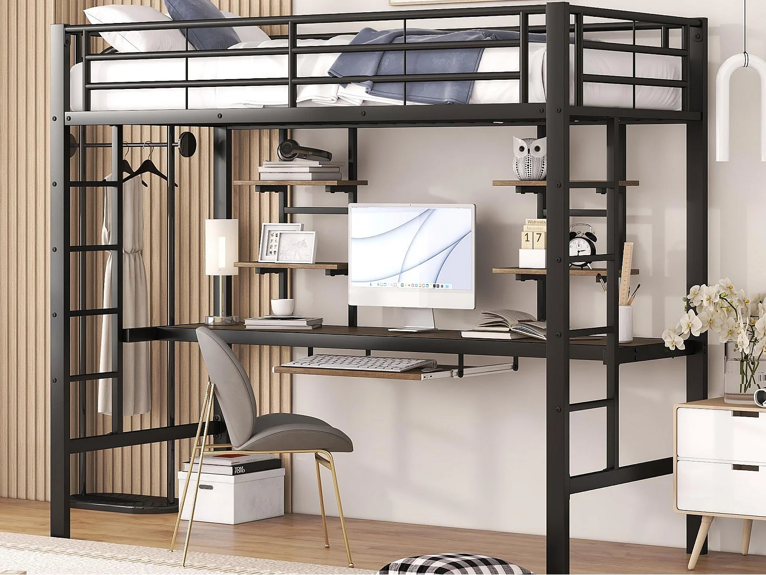 Lit mezzanine 90x200cm - avec bureau et étagères - cadre en métal - Noir