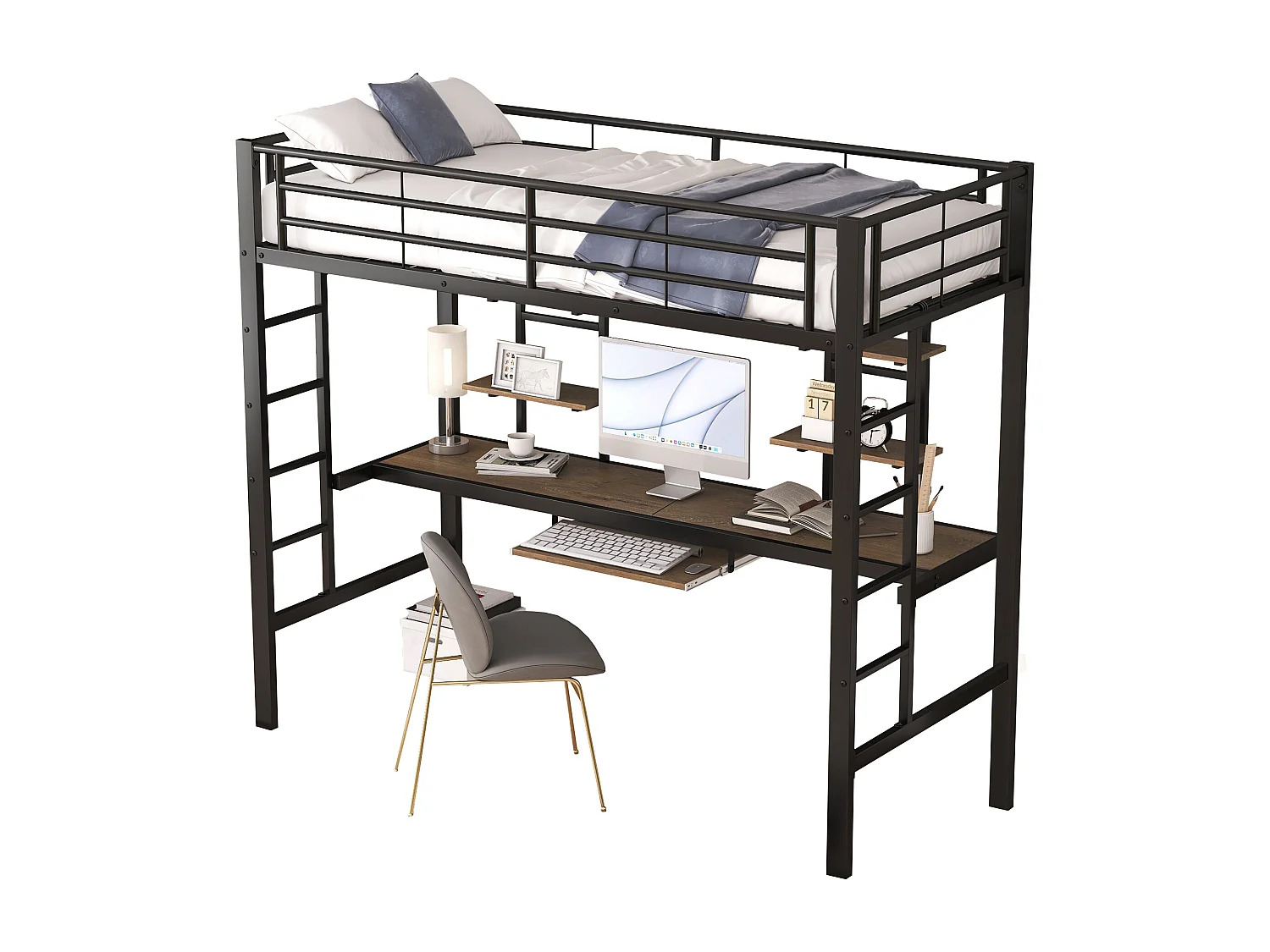 Lit mezzanine 90x200cm - avec bureau et étagères - cadre en métal - Noir