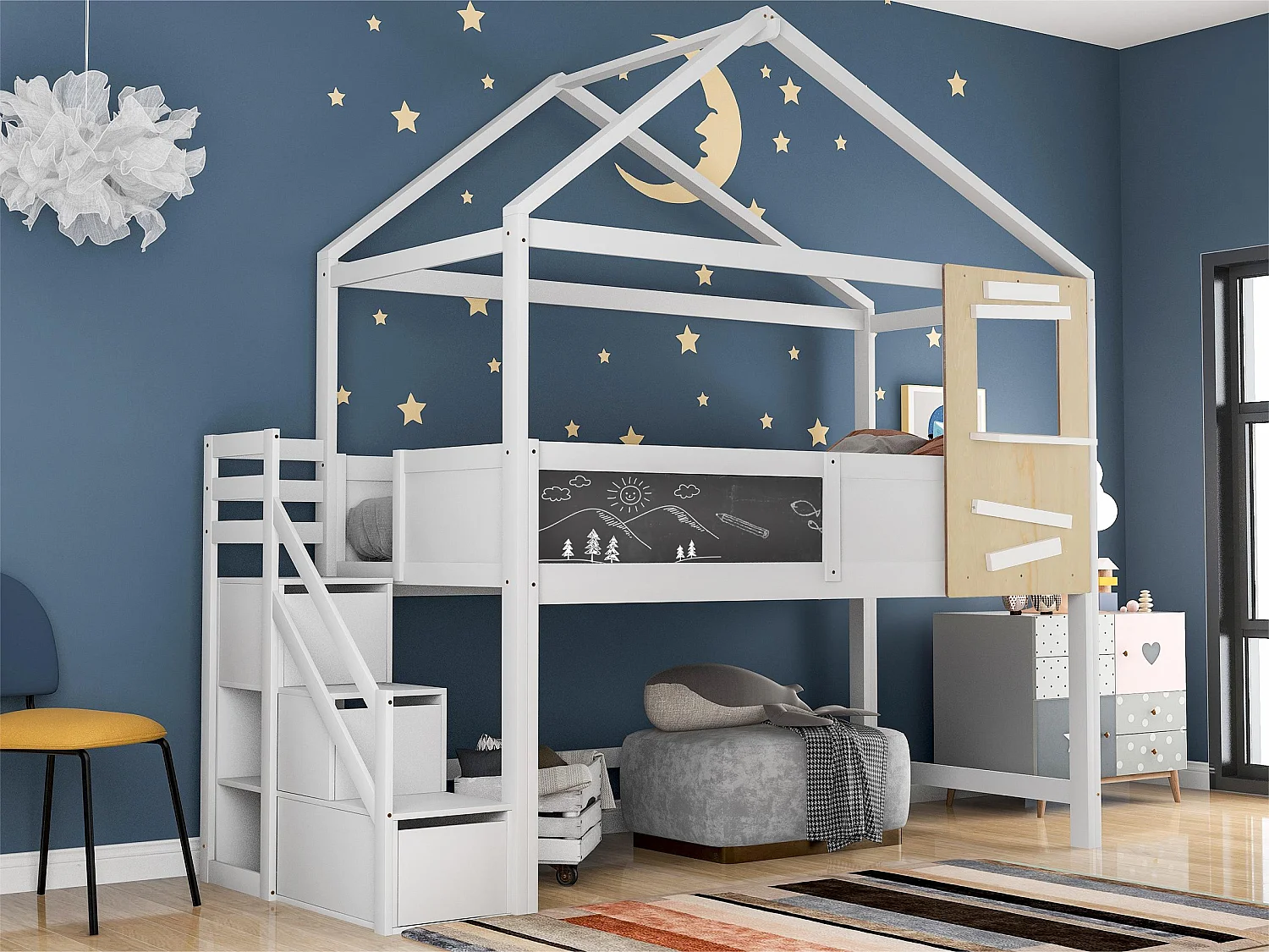 Lit mezzanine cabane 90x200cm avec escalier de rangement(3 tiroirs) en bois massif - Blanc