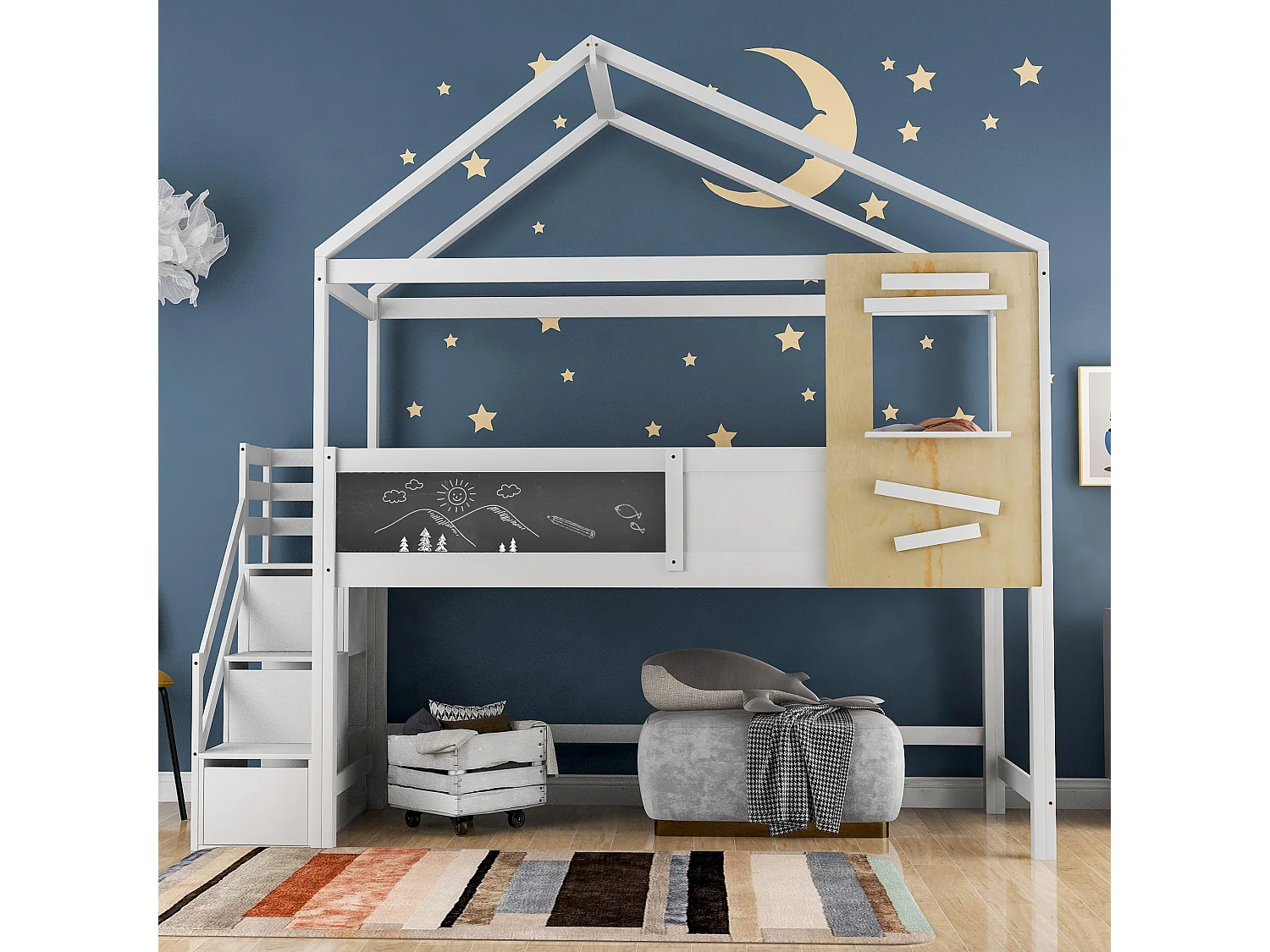 Lit mezzanine cabane 90x200cm avec escalier de rangement(3 tiroirs) en bois massif - Blanc