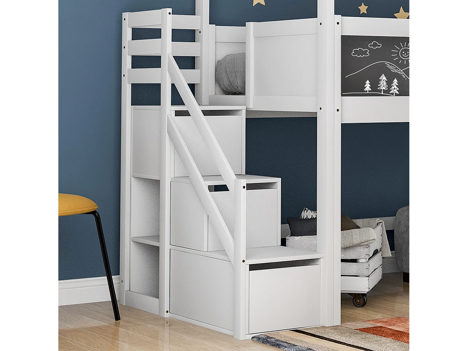 Lit mezzanine cabane 90x200cm avec escalier de rangement(3 tiroirs) en bois massif - Blanc