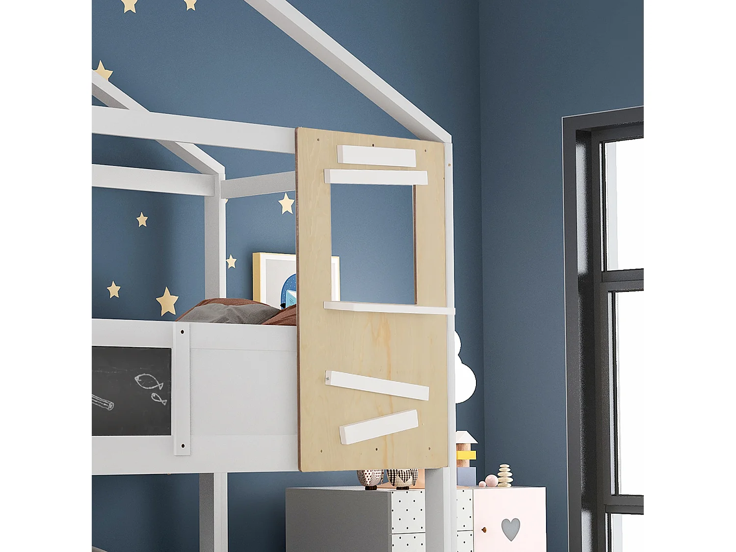 Lit mezzanine cabane 90x200cm avec escalier de rangement(3 tiroirs) en bois massif - Blanc