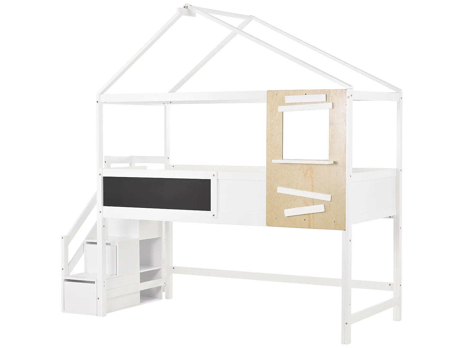 Lit mezzanine cabane 90x200cm avec escalier de rangement(3 tiroirs) en bois massif - Blanc