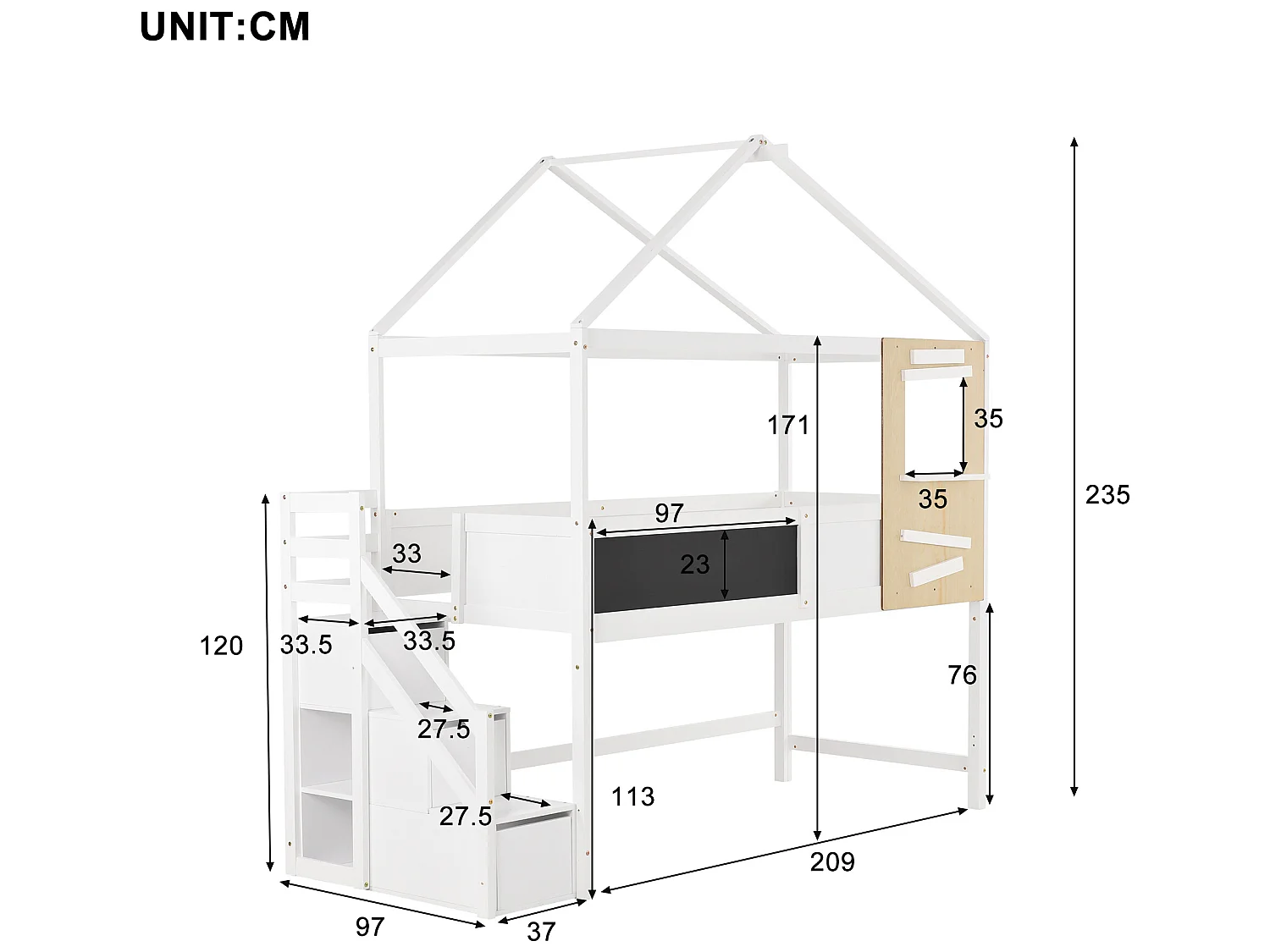 Lit mezzanine cabane 90x200cm avec escalier de rangement(3 tiroirs) en bois massif - Blanc