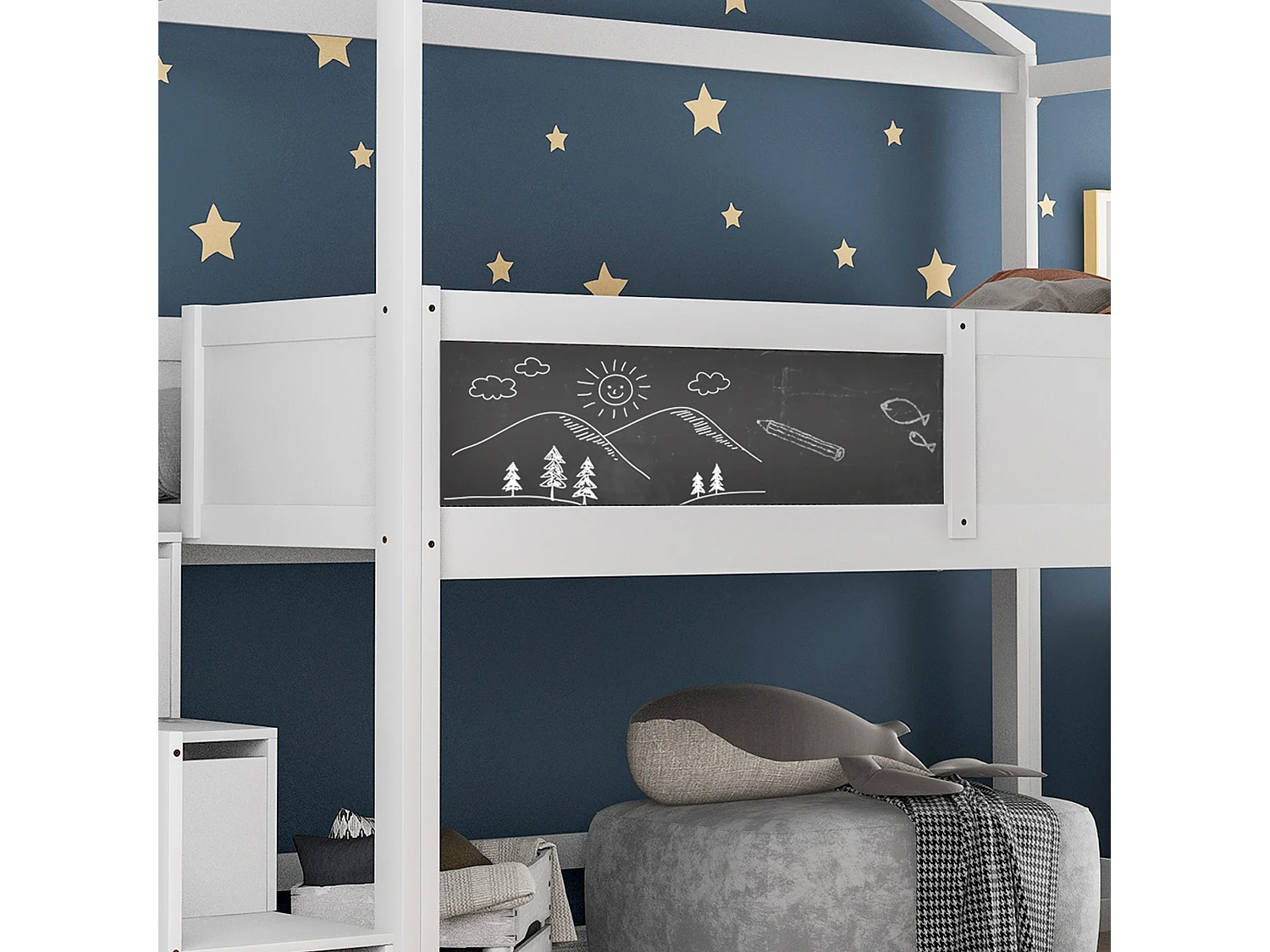 Lit mezzanine cabane 90x200cm avec escalier de rangement(3 tiroirs) en bois massif - Blanc