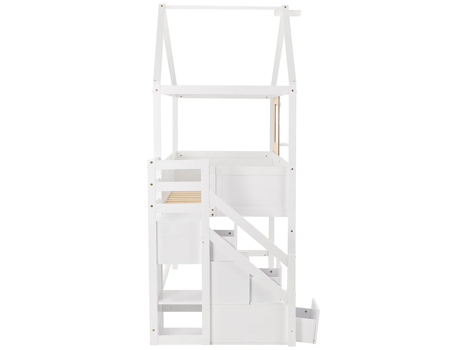 Lit mezzanine cabane 90x200cm avec escalier de rangement(3 tiroirs) en bois massif - Blanc