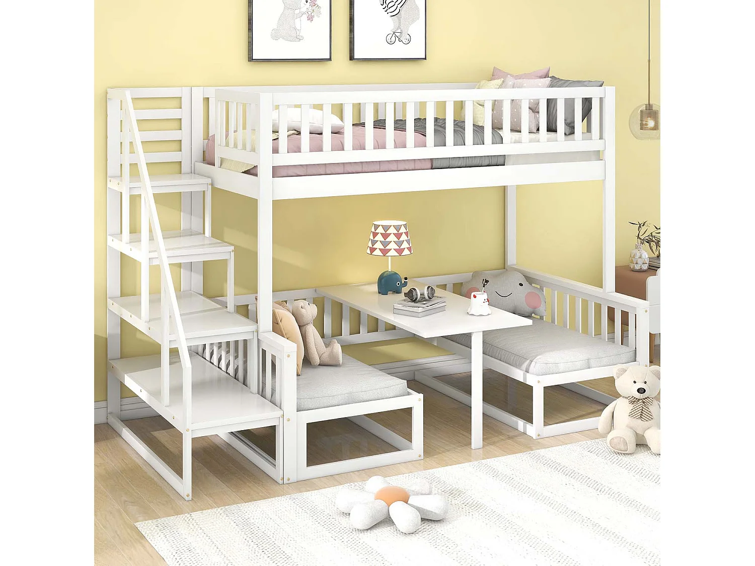 Mezzanie-Bett 90 x 200 cm + 120 x 200 cm aus massivem Kiefernholz mit Tisch und Sofa + Lattenrosten – Weiß