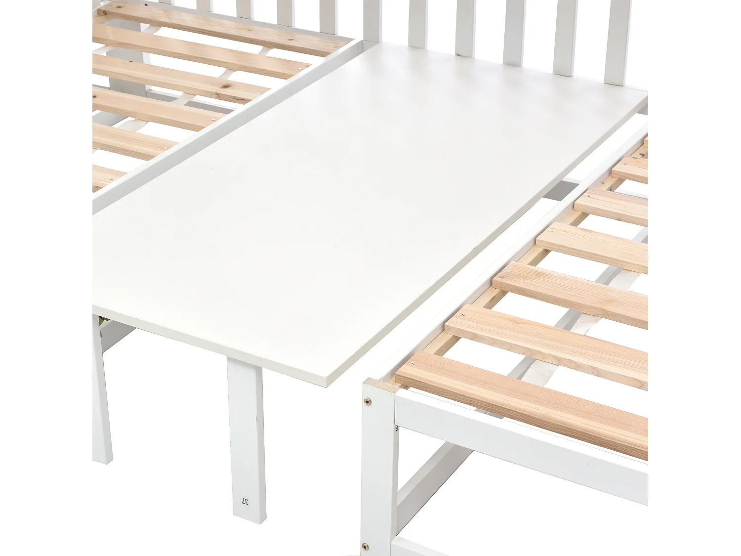 Mezzanie-Bett 90 x 200 cm + 120 x 200 cm aus massivem Kiefernholz mit Tisch und Sofa + Lattenrosten – Weiß