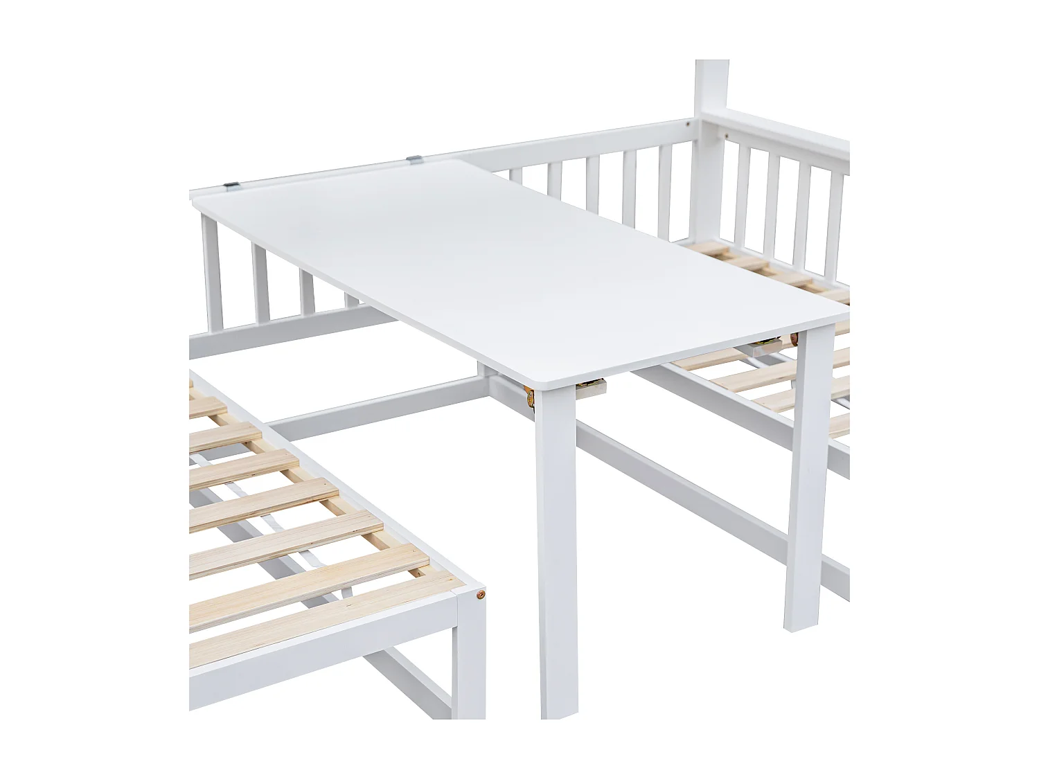 Mezzanie-Bett 90 x 200 cm + 120 x 200 cm aus massivem Kiefernholz mit Tisch und Sofa + Lattenrosten – Weiß