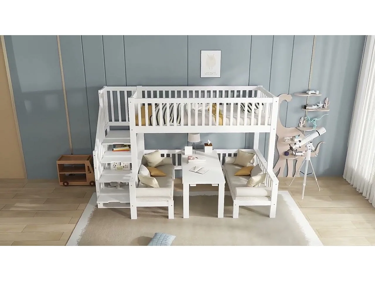 Lit mezzanie 90x200cm+120x200cm en pin massif avec table et canapé + sommiers à lattes - Blanc