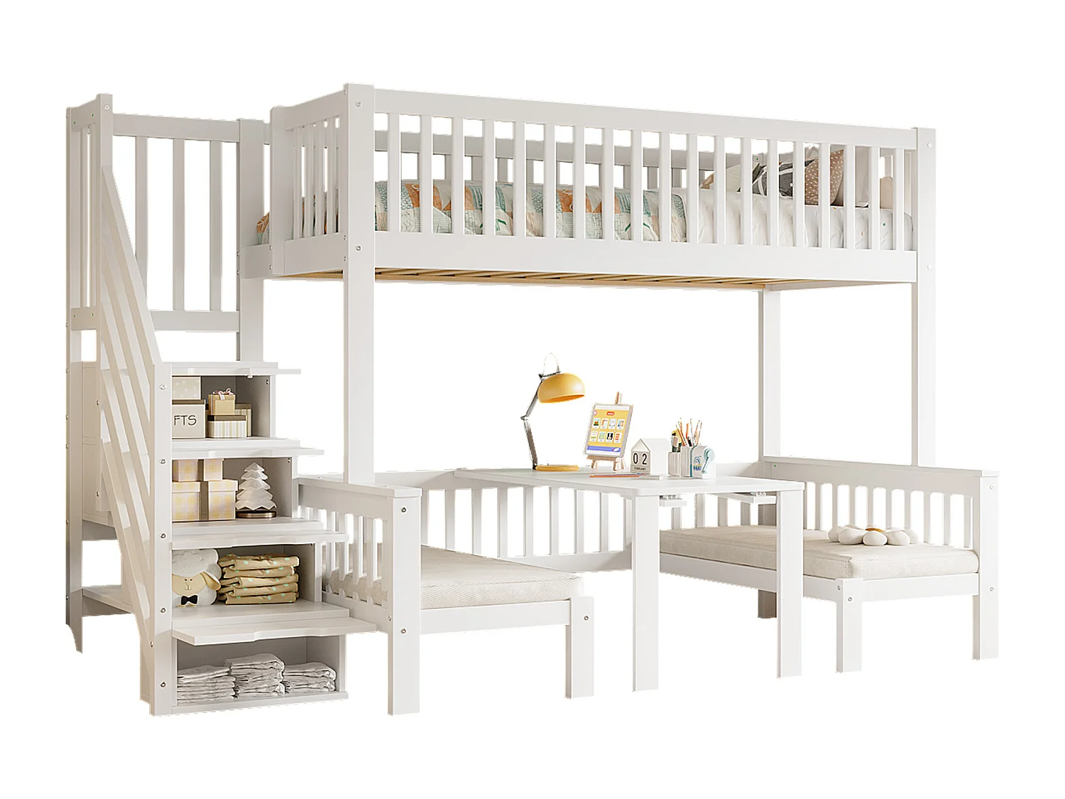 Lit mezzanie 90x200cm+120x200cm en pin massif avec table et canapé + sommiers à lattes - Blanc