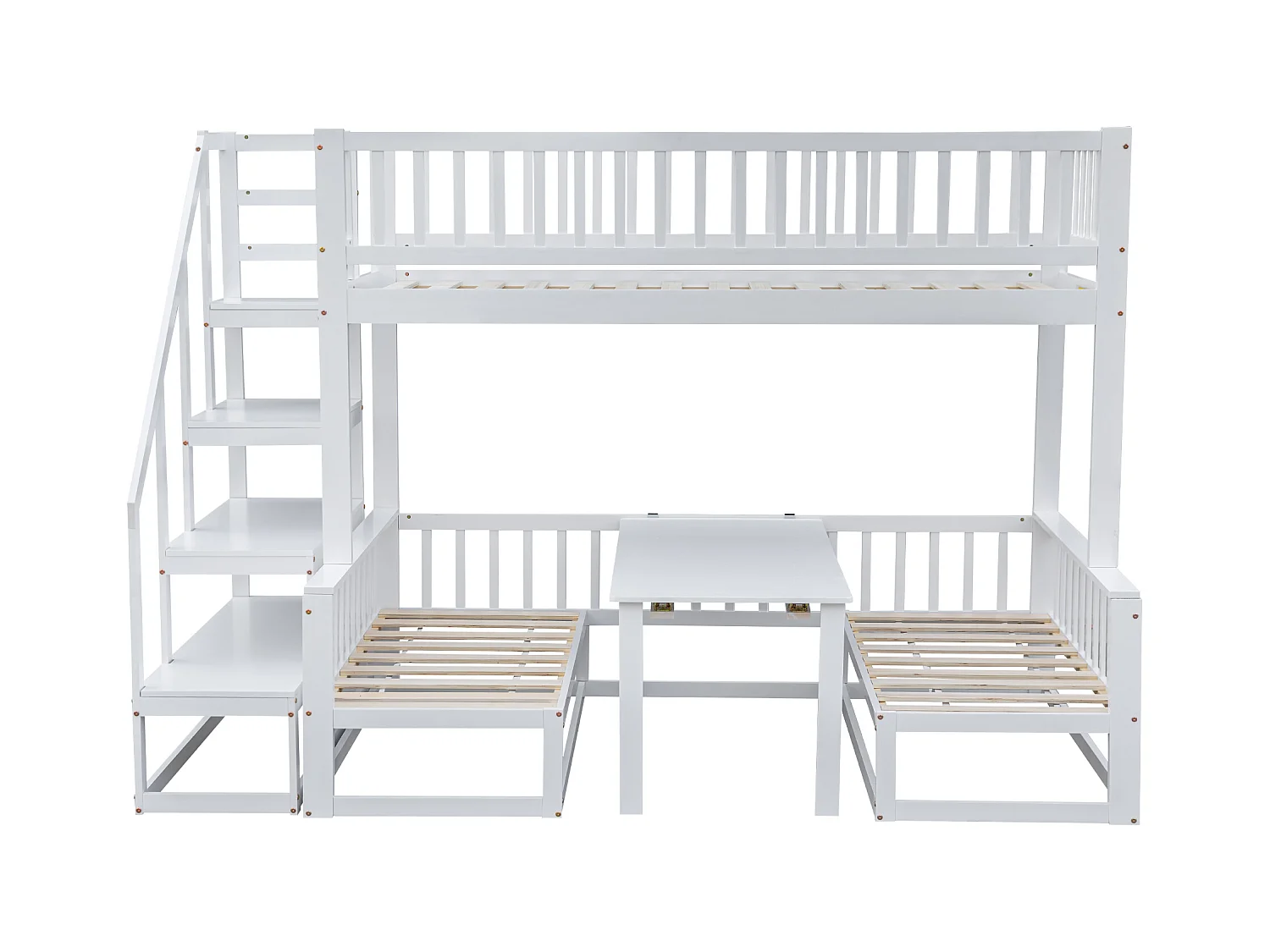 Lit mezzanie 90x200cm+120x200cm en pin massif avec table et canapé + sommiers à lattes - Blanc