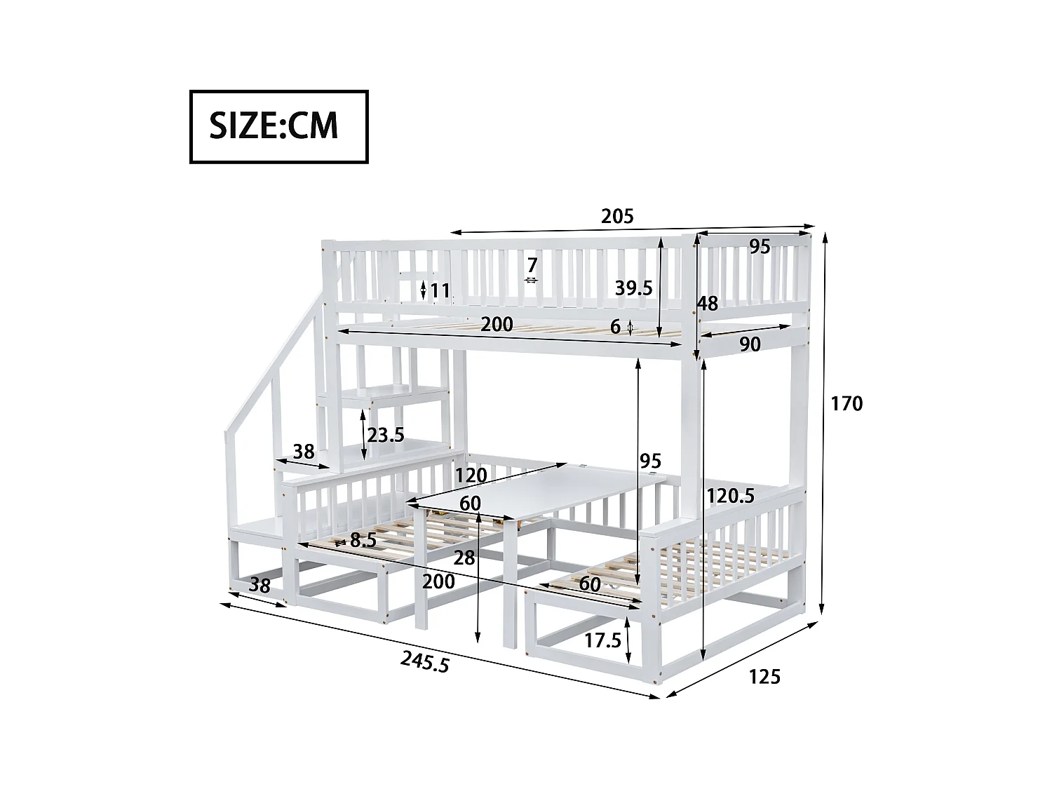 Lit mezzanie 90x200cm+120x200cm en pin massif avec table et canapé + sommiers à lattes - Blanc