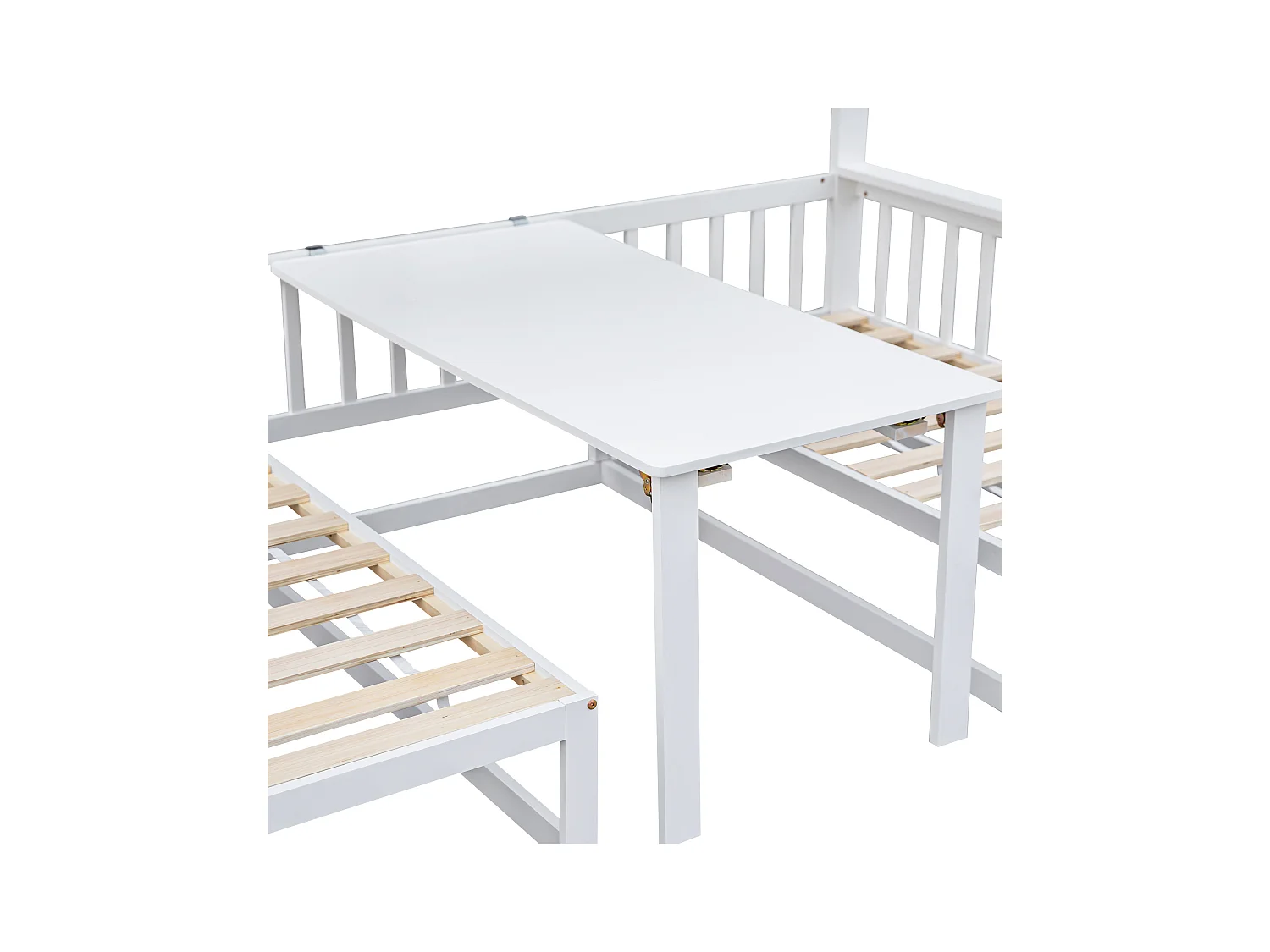 Lit mezzanie 90x200cm+120x200cm en pin massif avec table et canapé + sommiers à lattes - Blanc