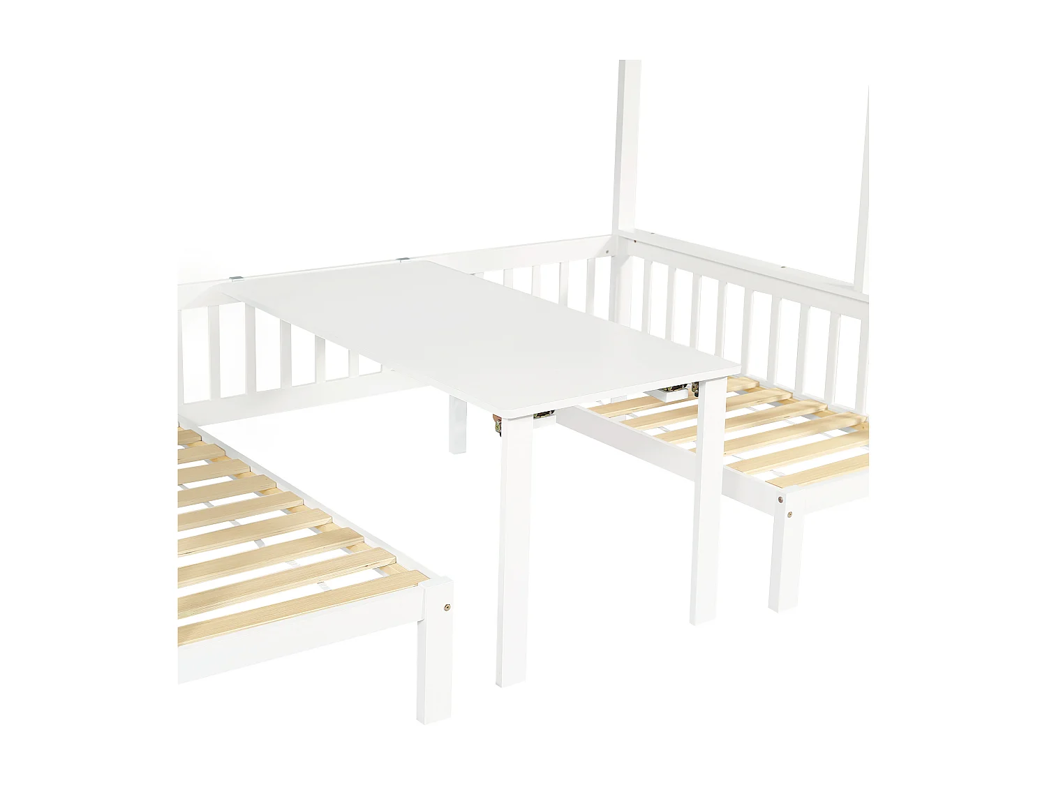 Lit mezzanie 90x200cm+120x200cm en pin massif avec table et canapé + sommiers à lattes - Blanc