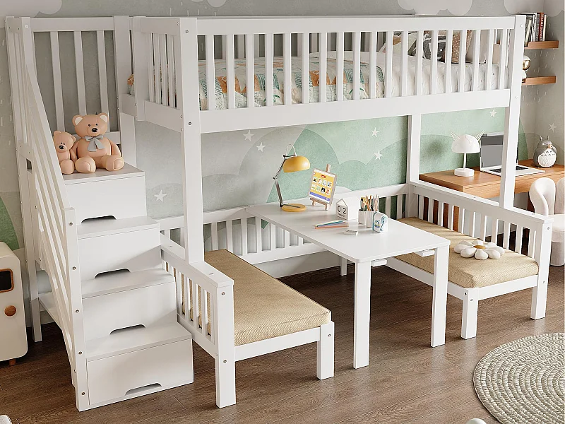 Mezzaniebed 90x200cm+120x200cm in massief grenen met tafel en bank + lattenbodems - Wit