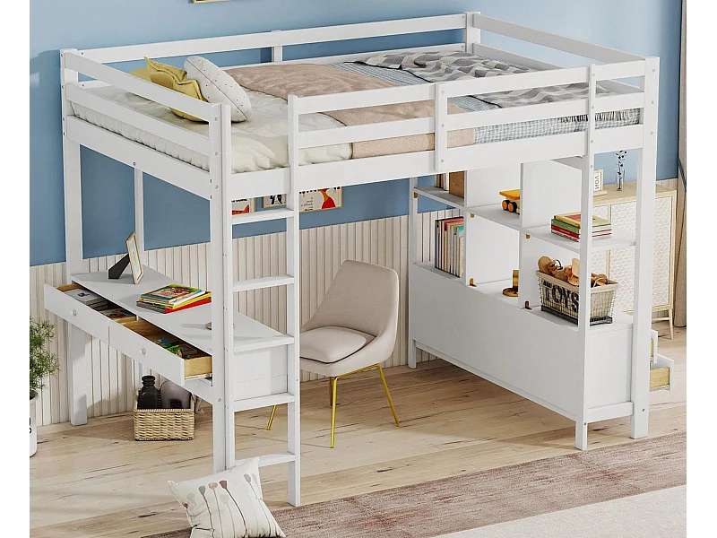Cama mezzanine de pino macizo 140x200 cm con escritorio + cajones + estantes + somier - Blanco