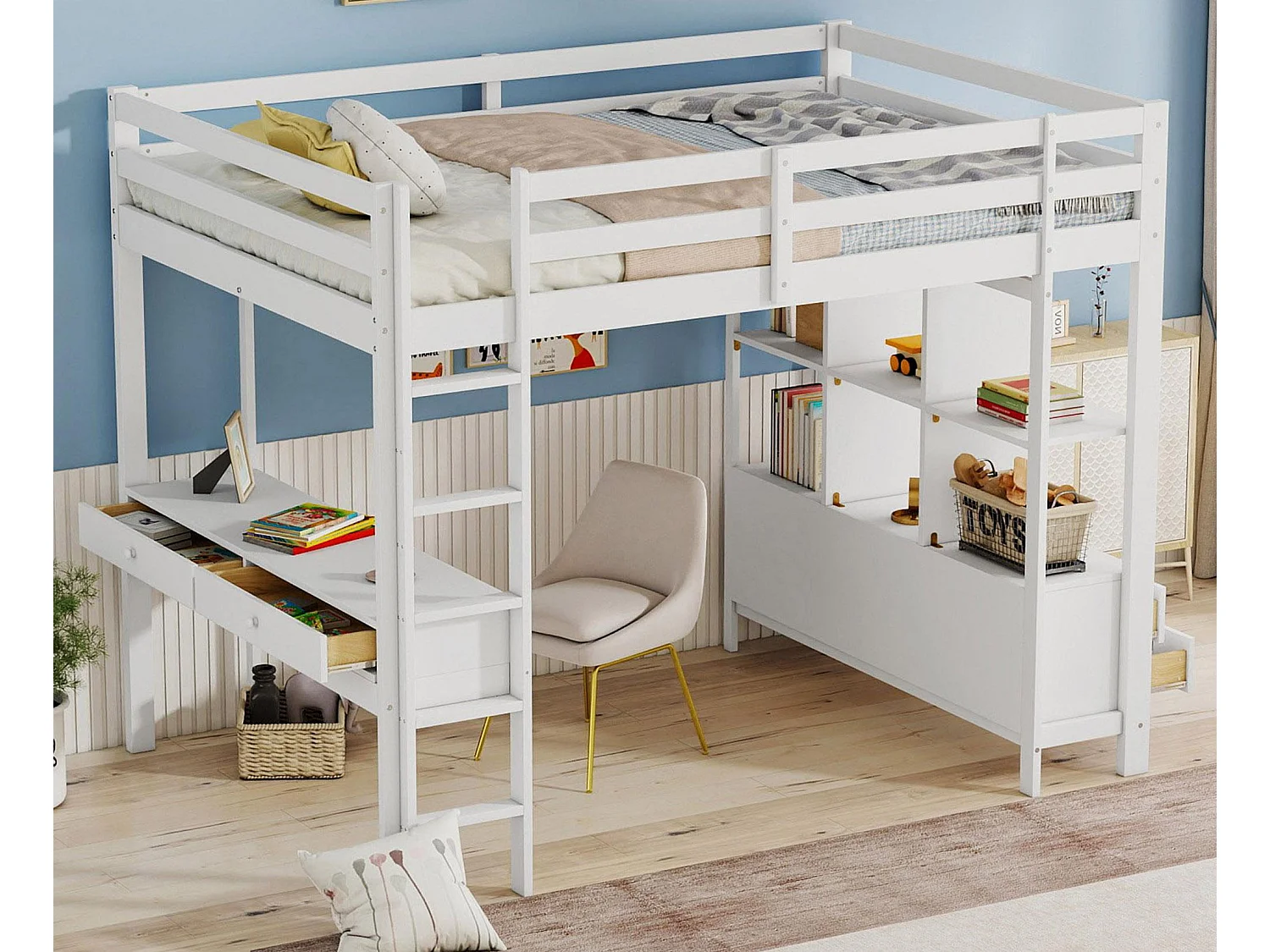 Mezzaninebed 140x200cm in massief grenen met bureau + laden + planken + lattenbodem - Wit