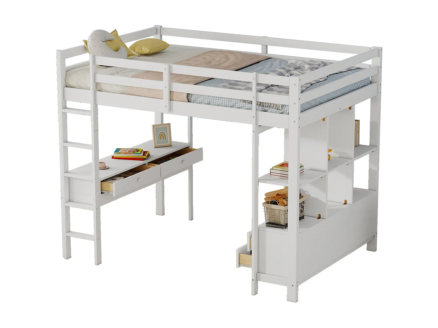 Lit mezzanine 140x200cm en pin massif avec bureau + tiroirs + étagères + sommier à lattes - Blanc