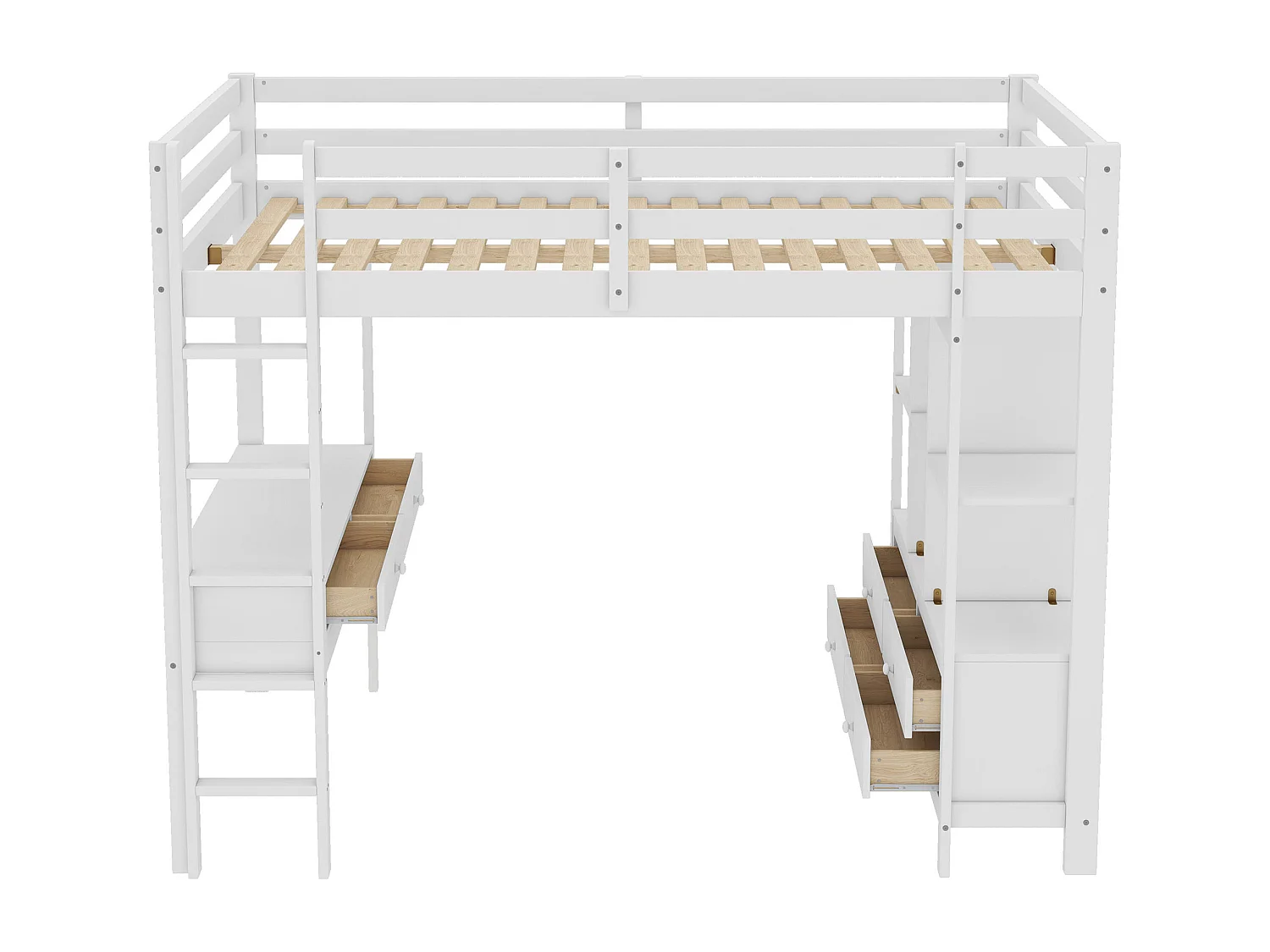 Lit mezzanine 140x200cm en pin massif avec bureau + tiroirs + étagères + sommier à lattes - Blanc