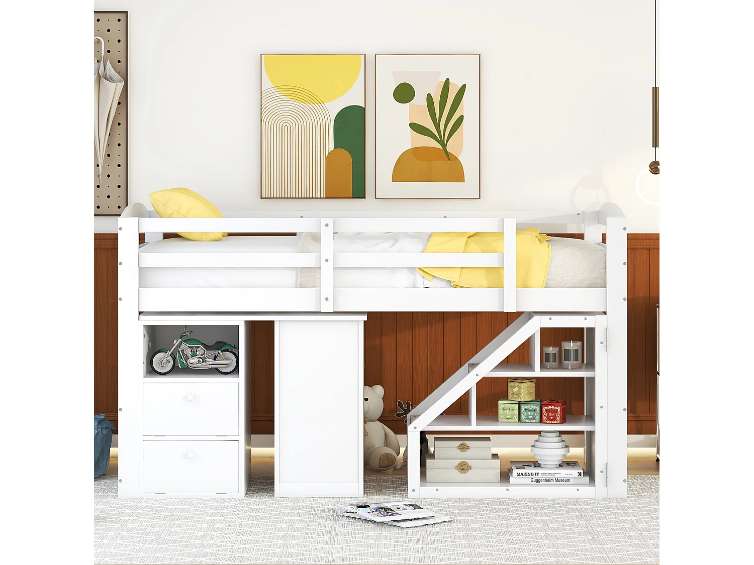 Lit mezzanie avec bureau multifonctionnel et escalier de rangement - 90x200cm - cadre en pin - Blanc