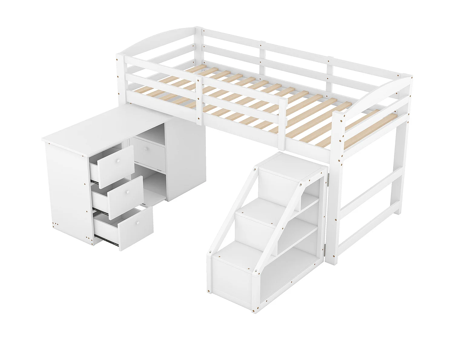 Lit mezzanie avec bureau multifonctionnel et escalier de rangement - 90x200cm - cadre en pin - Blanc