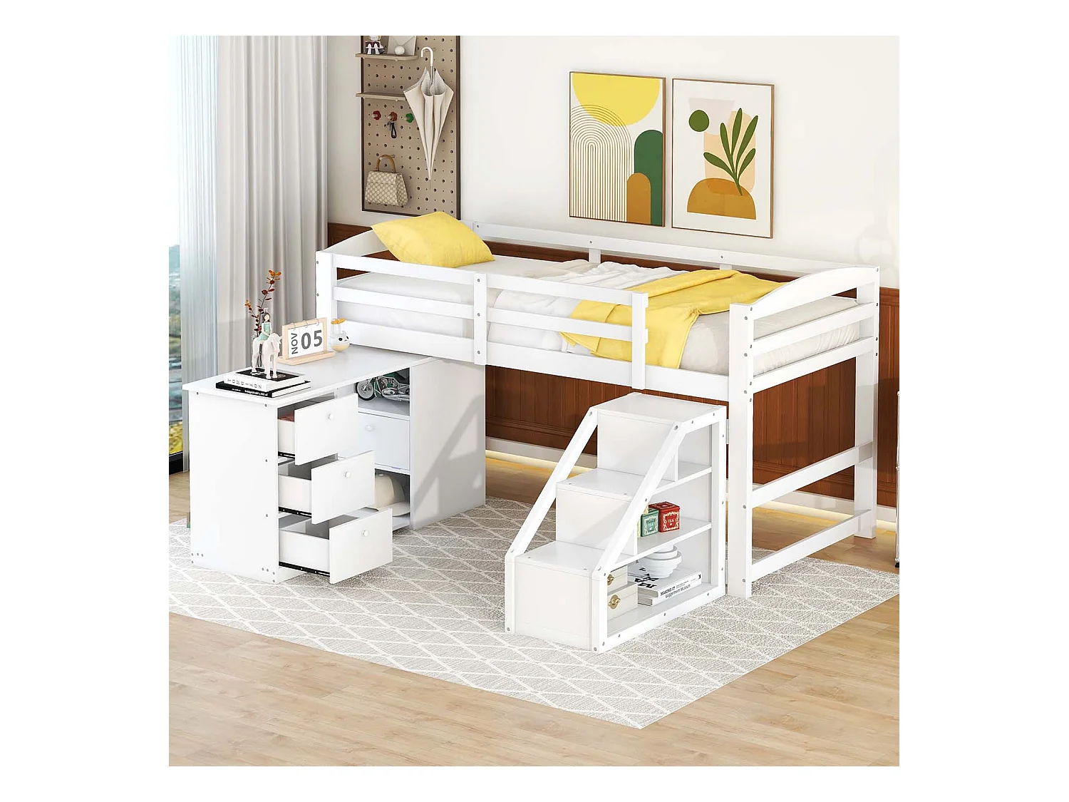 Hoogslaper met multifunctioneel bureau en opbergtrap - 90x200cm - grenen frame - Wit