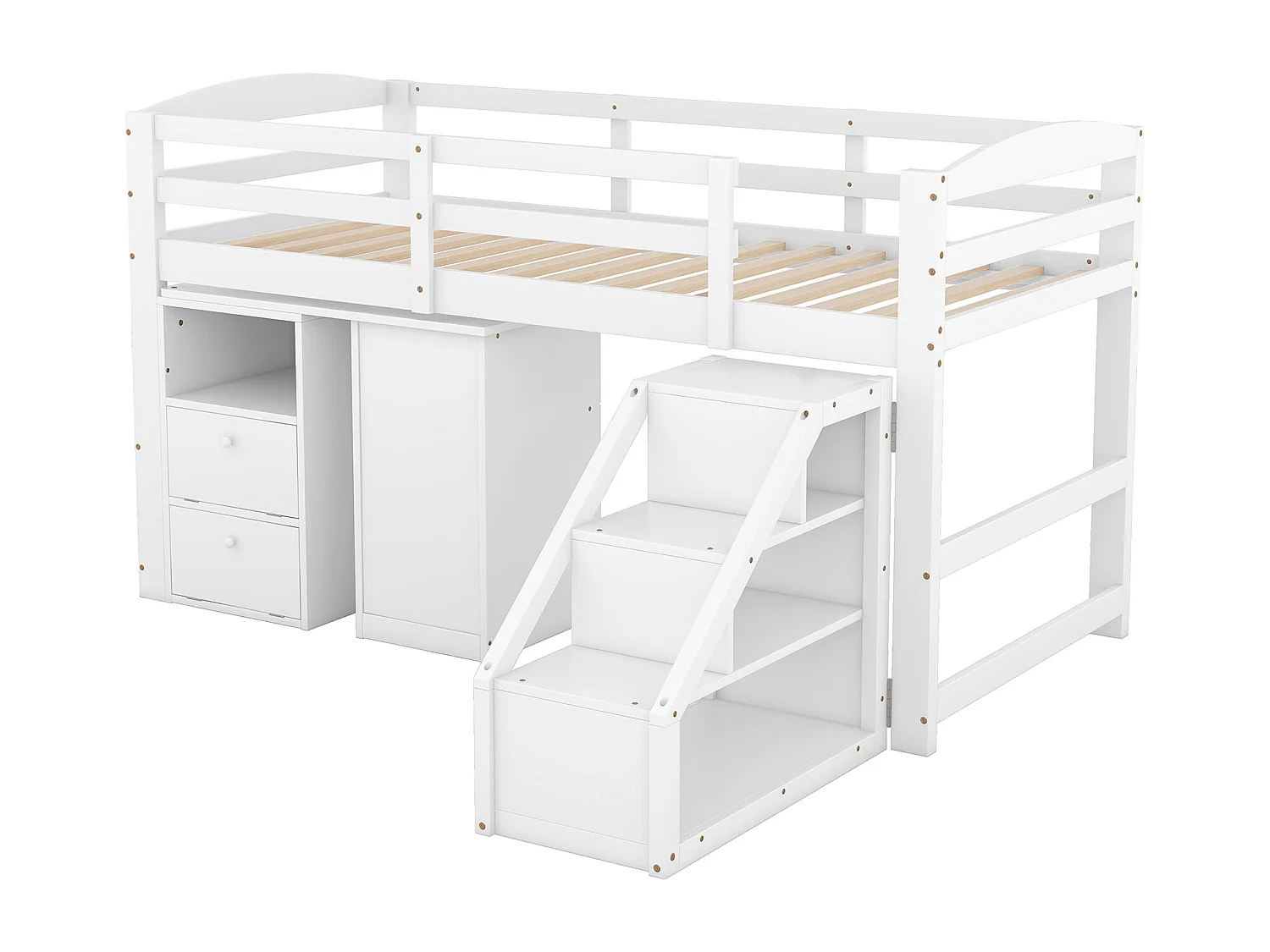 Hoogslaper met multifunctioneel bureau en opbergtrap - 90x200cm - grenen frame - Wit