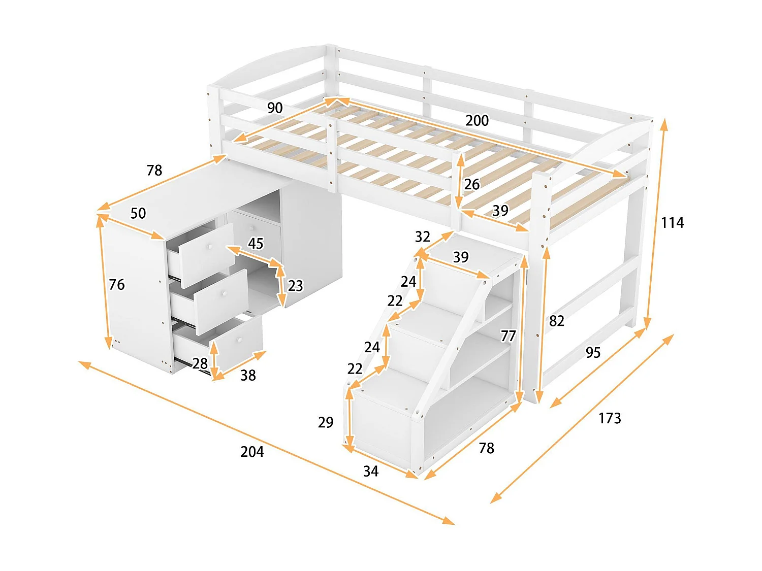Hoogslaper met multifunctioneel bureau en opbergtrap - 90x200cm - grenen frame - Wit