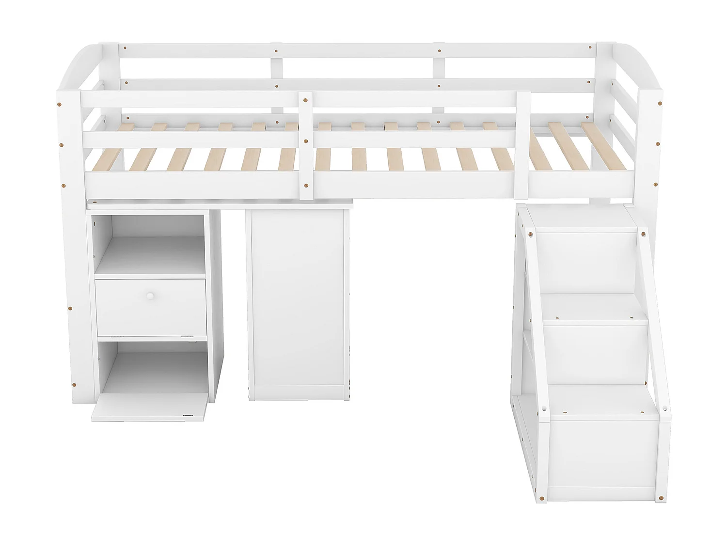 Hoogslaper met multifunctioneel bureau en opbergtrap - 90x200cm - grenen frame - Wit