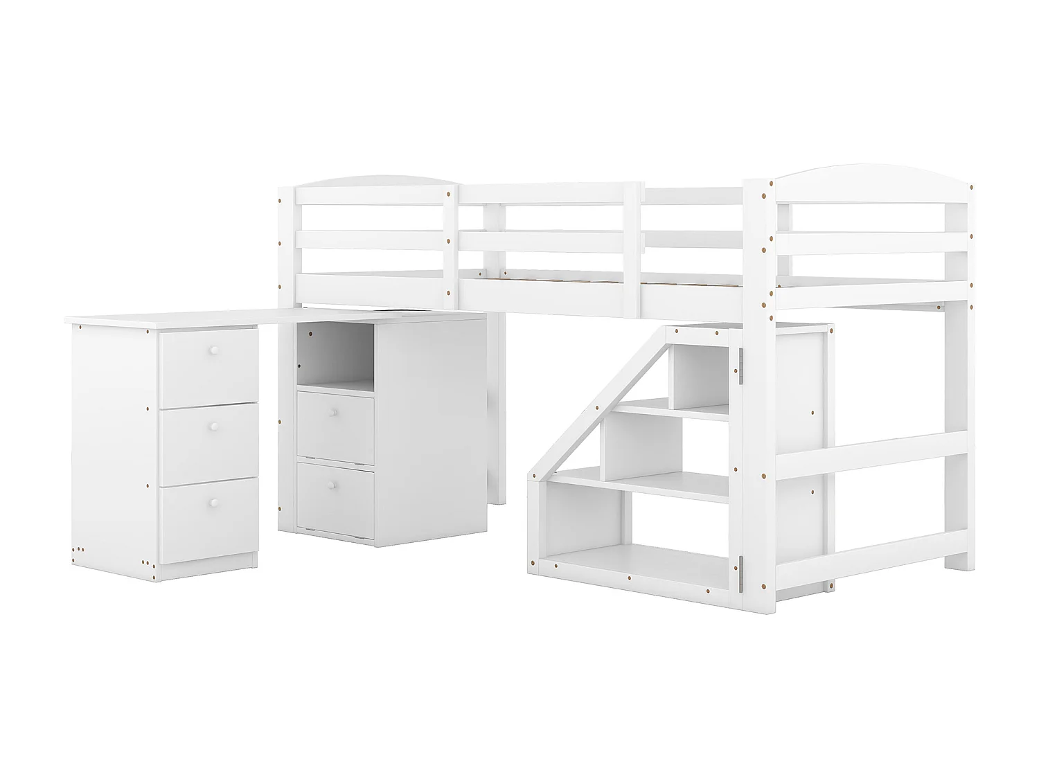 Hoogslaper met multifunctioneel bureau en opbergtrap - 90x200cm - grenen frame - Wit