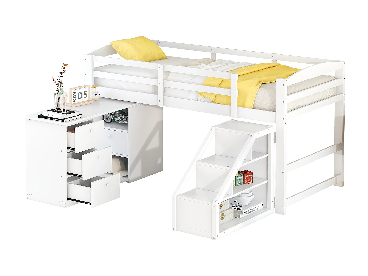 Hoogslaper met multifunctioneel bureau en opbergtrap - 90x200cm - grenen frame - Wit