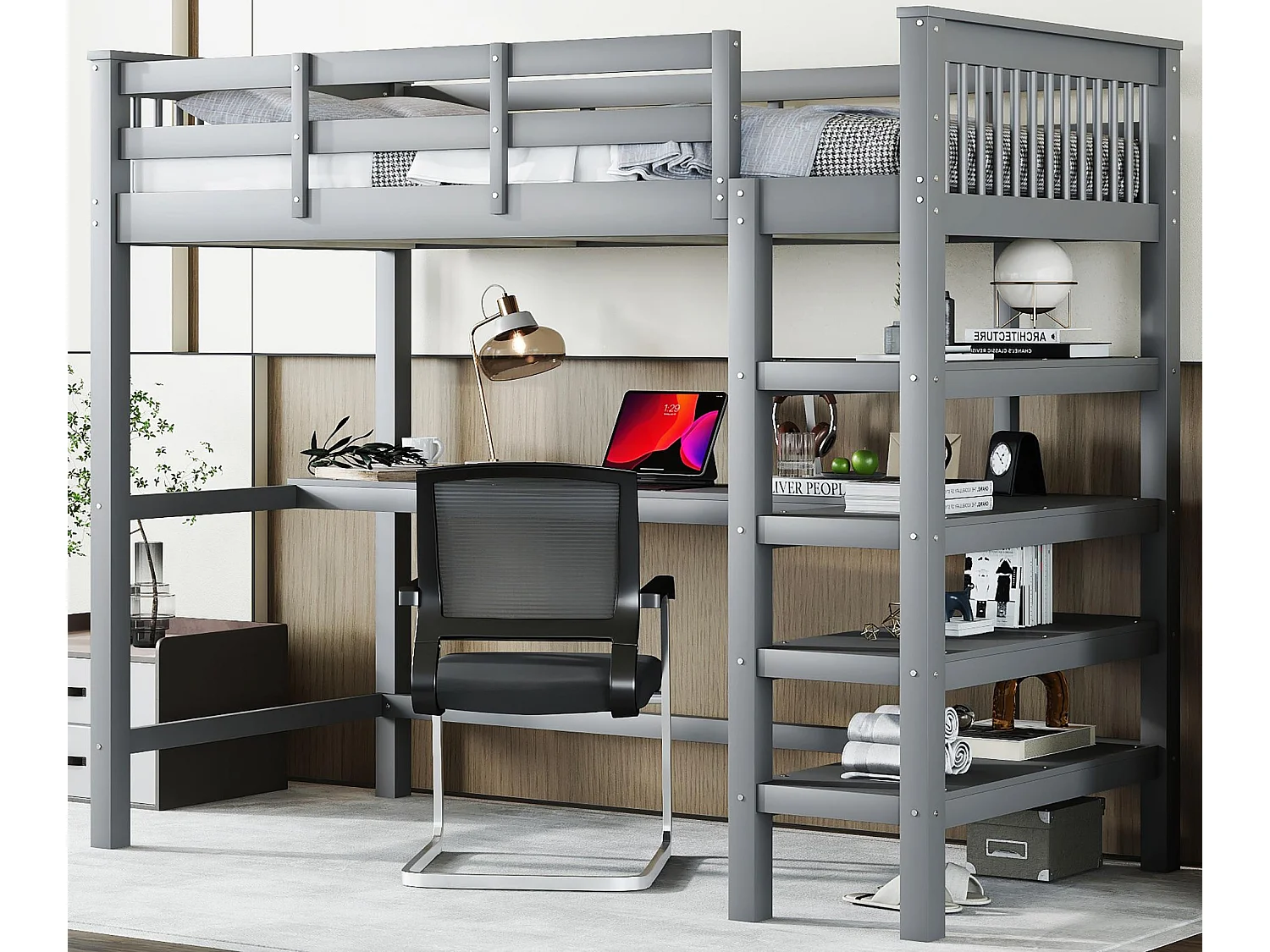 Mezzaninebed van 90x200 cm in massief grenen met bureau en opbergplank - Grijs