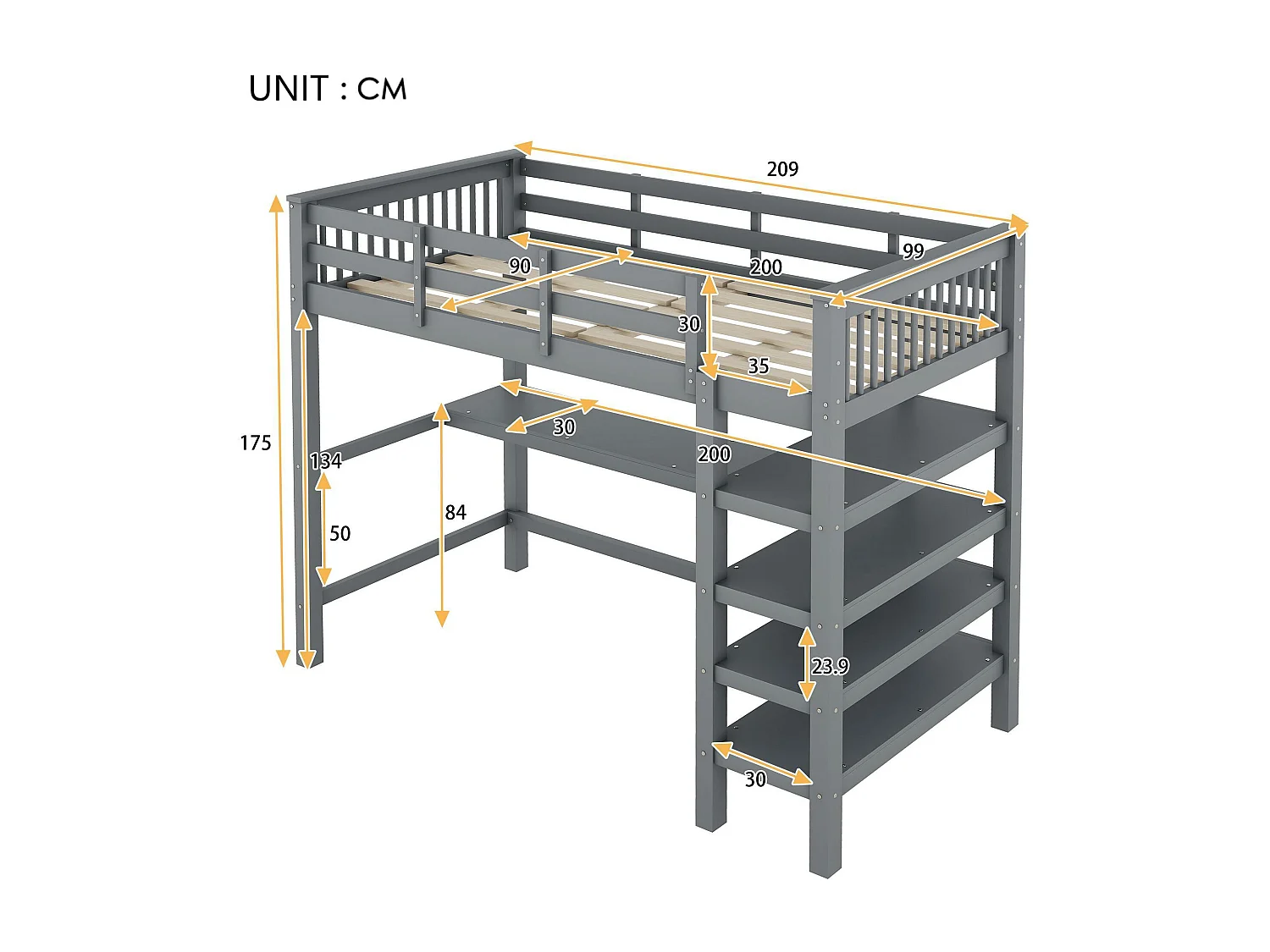 Mezzaninebed van 90x200 cm in massief grenen met bureau en opbergplank - Grijs