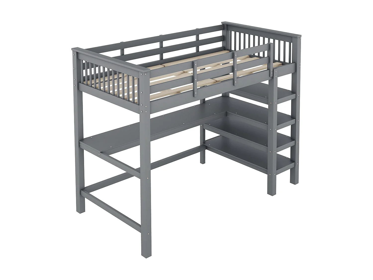 Mezzaninebed van 90x200 cm in massief grenen met bureau en opbergplank - Grijs