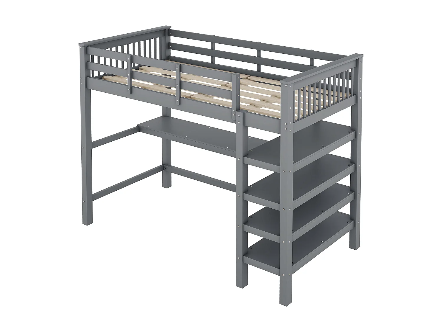 Mezzaninebed van 90x200 cm in massief grenen met bureau en opbergplank - Grijs