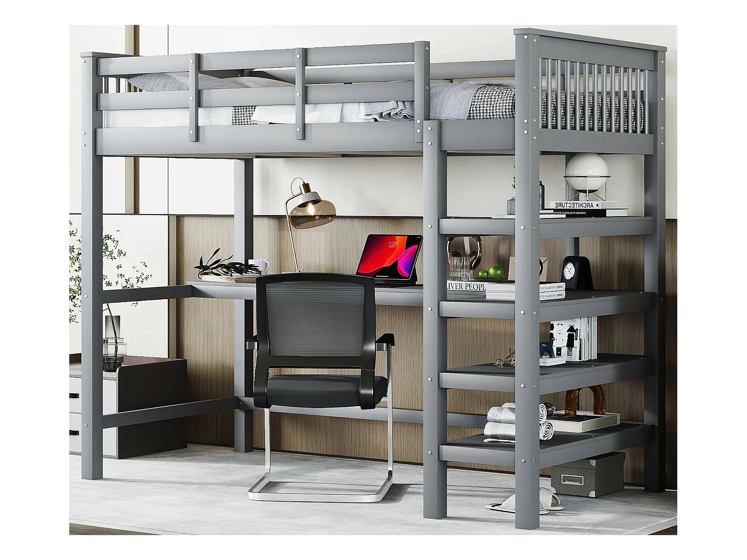 Lit mezzanine 90x200cm en bois - avec bureau et étagère de rangement - Gris