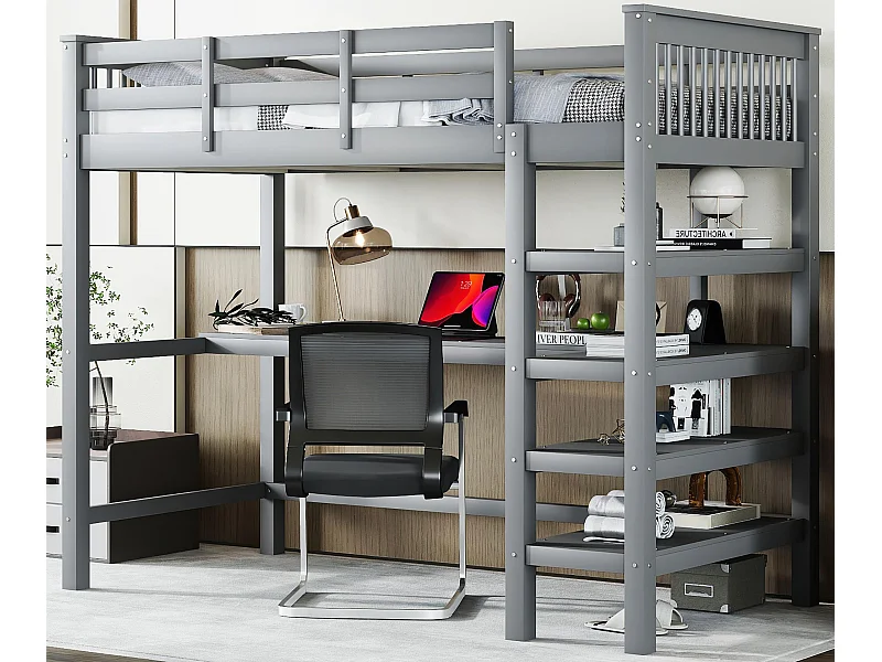 Mezzaninebed van 90x200 cm in massief grenen met bureau en opbergplank - Grijs