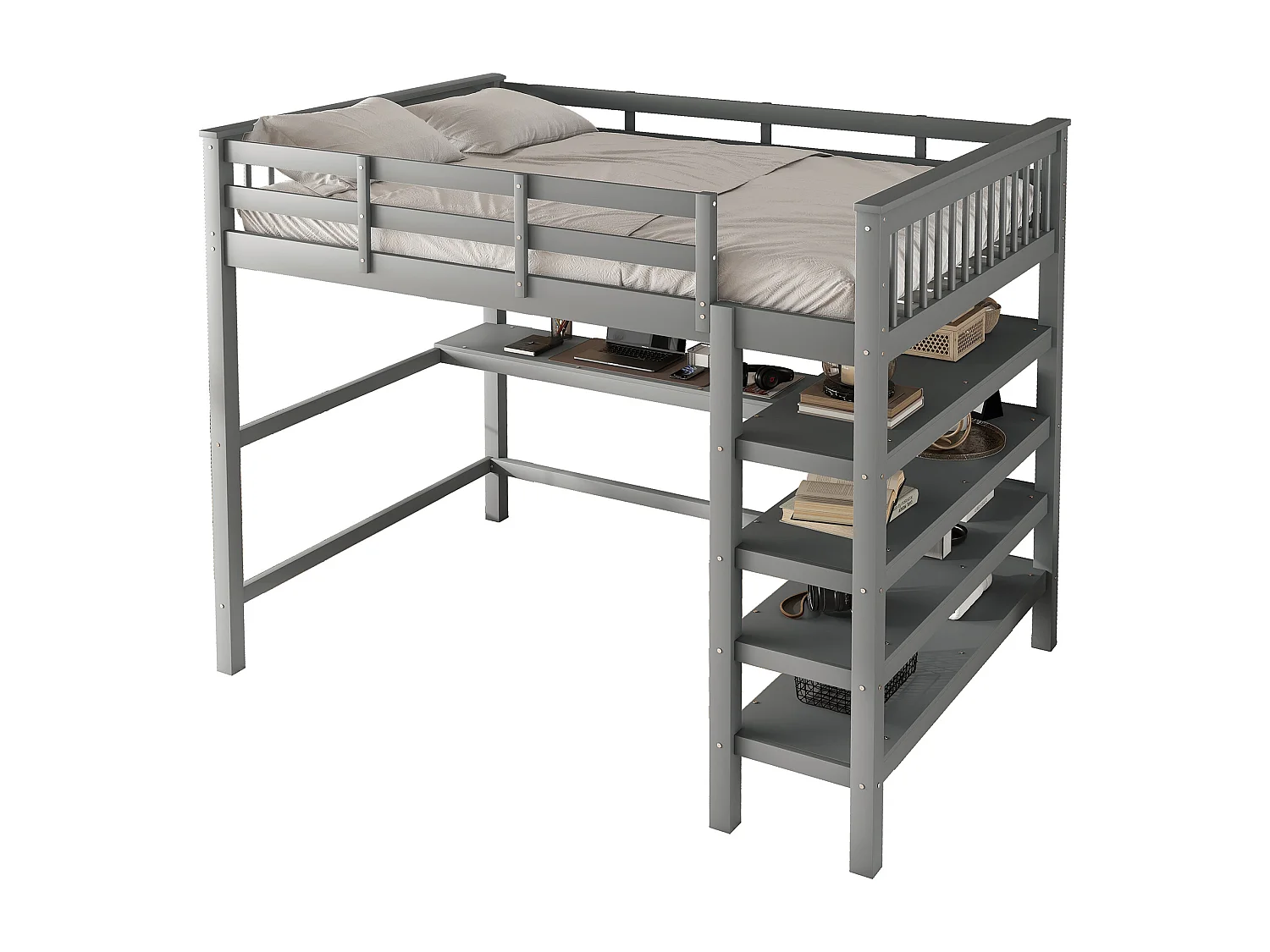 Mezzaninebed 140x200 cm van massief grenen met bureau en opbergplank - Grijs