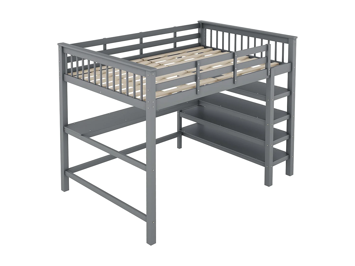 Mezzaninebed 140x200 cm van massief grenen met bureau en opbergplank - Grijs