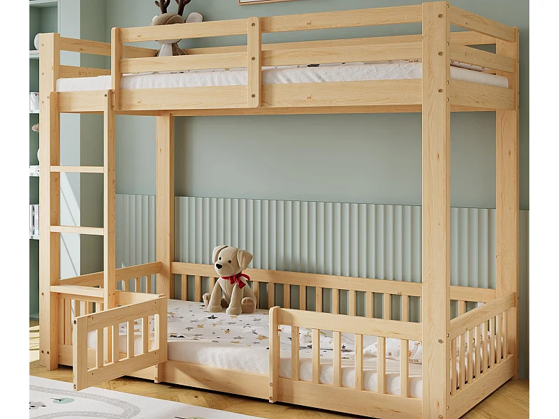 Lit superposé en bois massif - 90x200 cm - avec barrières de sécurité - Naturel