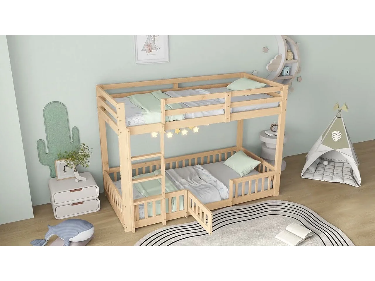 Lit superposé en bois massif - 90x200 cm - avec barrières de sécurité - Naturel