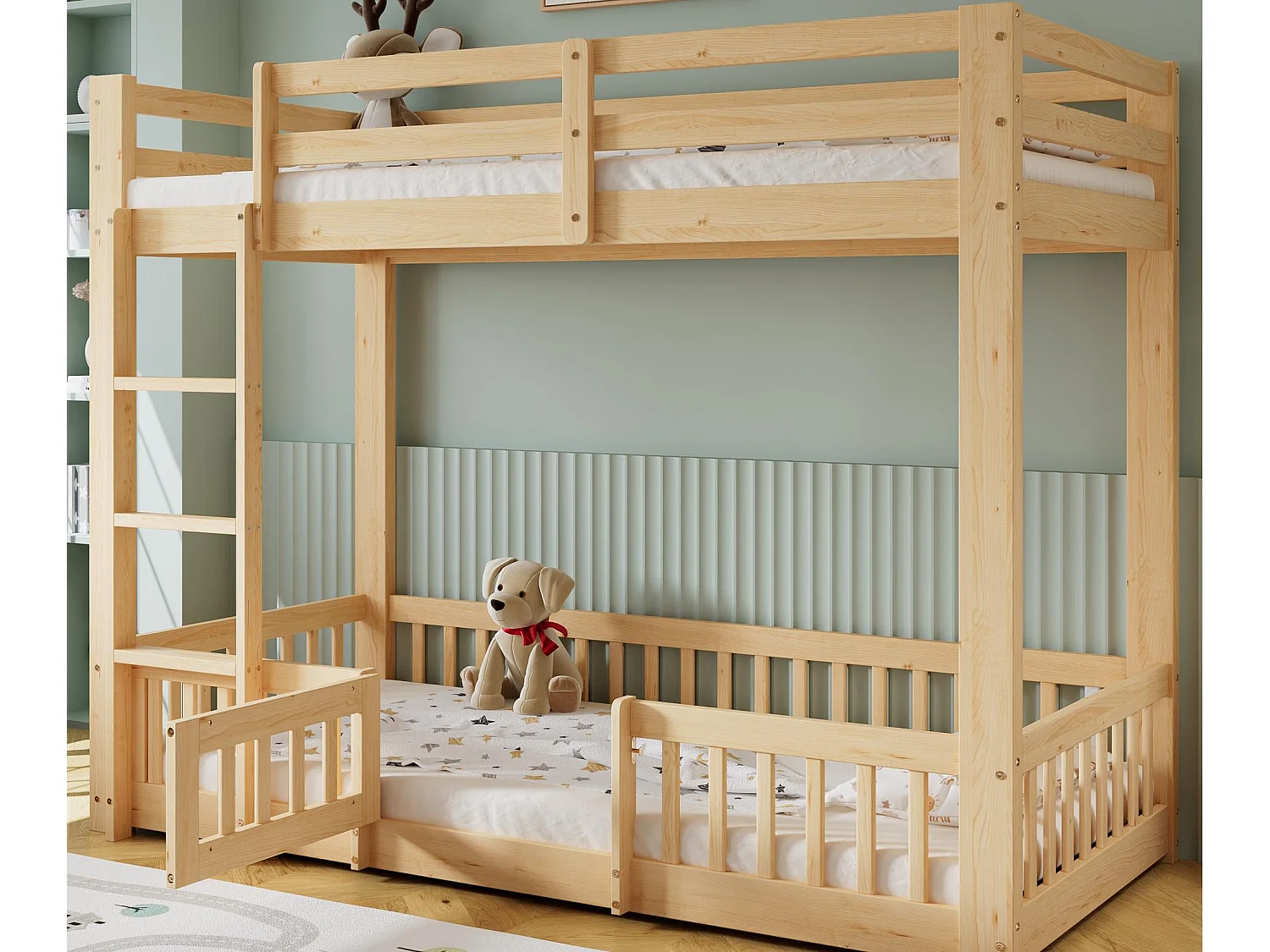 Etagenbett aus Massivholz – 90x200 cm – mit Sicherheitsgeländer – Natur